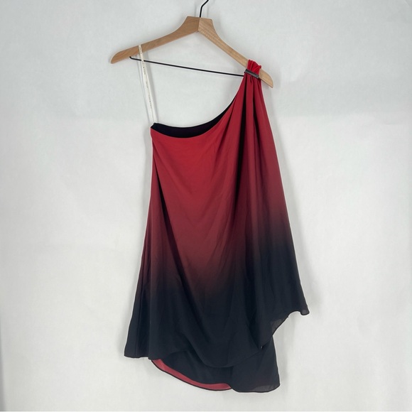 HALSTON HERITAGE Women's‎ Chiffon Red Black Ombre One-Shoulder Cocktail Dress S - Picture 2 of 16